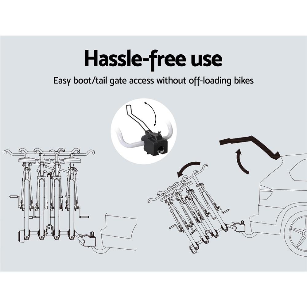 Giantz Tow Ball Car Mount in black and silver, designed to carry up to 4 bikes securely with robust steel and aluminum construction.